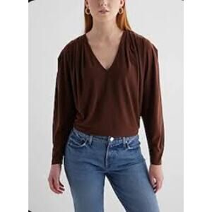 Express Skimming V-Neck Long Sleeve Pleated Shoulder Top Brown Women's Size XL